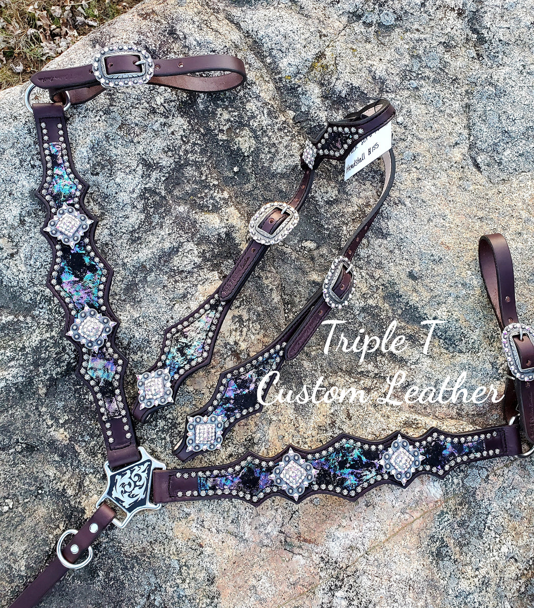 Ensemble Western cuir naturel bling tack coiffe et collier poitrine Ensemble Western cuir naturel bling tack coiffe et collier poitrine