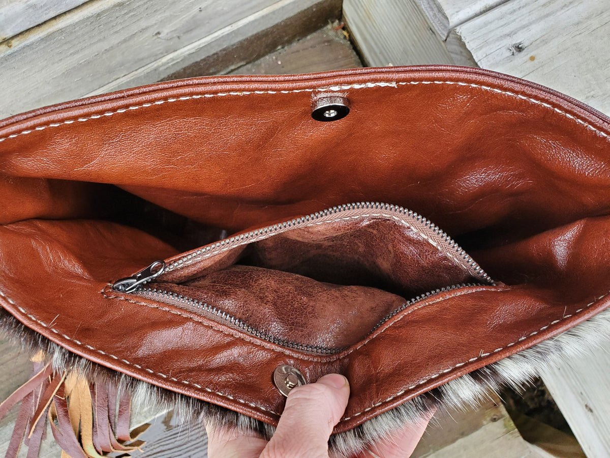 Pin on Cowhide Crossbody with Fringes