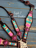 Pink & Turquoise Southwest Print Tack Set with Pink Bling Conchos