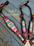 Pink & Turquoise Southwest Print Tack Set with Pink Bling Conchos