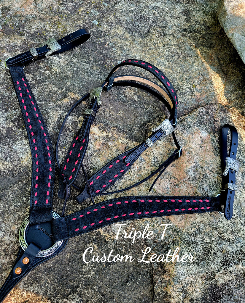 Black Leather Rose Gold Buckstitch Tack Set With Leather 