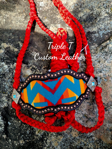 Wool Inlay Noseband with Copper Studs on Red Muletape Halter