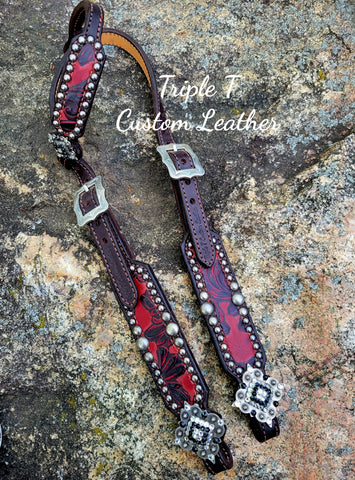 Chocolate Leather Headstall with Red Valentina Hide and Bling Conchos