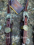 Chocolate Leather Headstall with White Buckstitch and Handmade Cactus Buckles