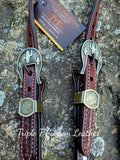 Chocolate Leather Headstall with White Buckstitch and Handmade Cactus Buckles