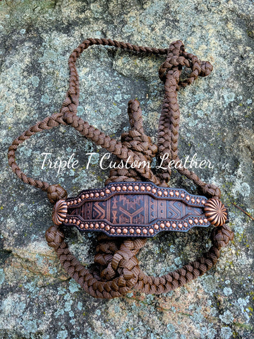 Brown Aztec Inlay Noseband with Copper Stud Border on Brown Muletape Halter