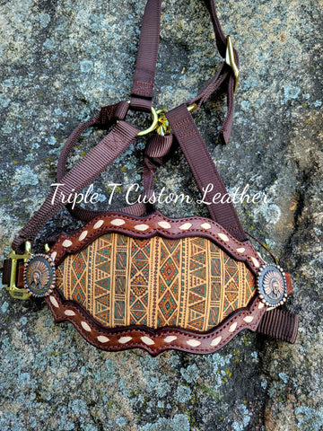 Tan Southwest Print Noseband with Tan Buckstitch on Brown Nylon Halter