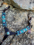 War Horse Breastcollar with Turquoise Flower Conchos and Silver Studs with Mohair by Ayla Equine