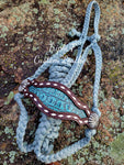 Sea Blue Gator Inlay Noseband with Buckstitch on Grey Muletape Halter