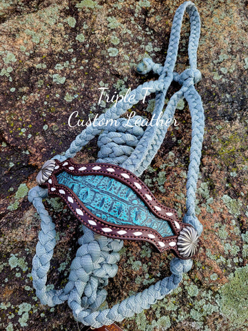 Sea Blue Gator Inlay Noseband with Buckstitch on Grey Muletape Halter