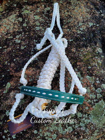 Simple Buckstitch Noseband in Teal Leather on White Muletape Halter