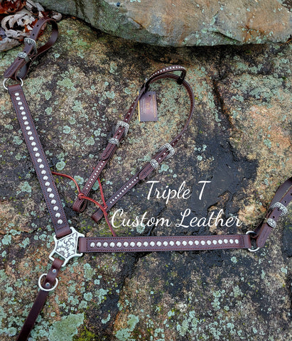 Chocolate Leather Tack Set with Antique Silver Studs