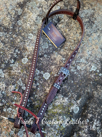 Chocolate Leather Headstall with Antique Silver Studs & Buckle