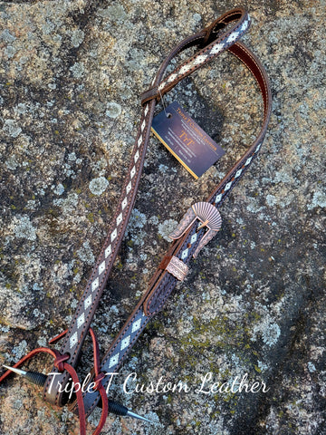 Chocolate Leather Headstall with Handtooled Aztec Design & Copper Buckle