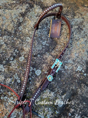 Chocolate Leather Headstall with Silver Studs and Handmade Buckle