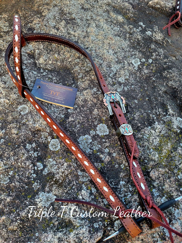 Mahogany Leather Headstall with White Buckstitch and Handmade Arrowhead Buckle