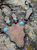 Toffee Wildflower Tack Set with Turquoise Patina Studs and Turquoise Stone Conchos & Buckles