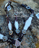 Chocolate Leather Tack Set with White Valentina Hide and Antique Silver Hardware