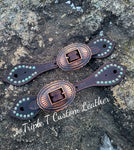 Chocolate Leather Spur Straps with Copper Patina Studs & Copper Buckles