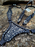 Black Leather War Horse Tack Set with Silver Buckstitch, Black & Silver Driftwood Inlay, and Crystal Rimsets