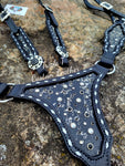 Black Leather War Horse Tack Set with Silver Buckstitch, Black & Silver Driftwood Inlay, and Crystal Rimsets