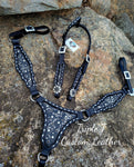 Black Leather War Horse Tack Set with Silver Buckstitch, Black & Silver Driftwood Inlay, and Crystal Rimsets