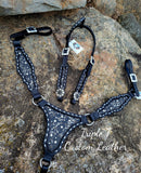 Black Leather War Horse Tack Set with Silver Buckstitch, Black & Silver Driftwood Inlay, and Crystal Rimsets