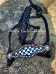 Checkerboard Inlay Noseband with Bling Conchos on Black Muletape Halter
