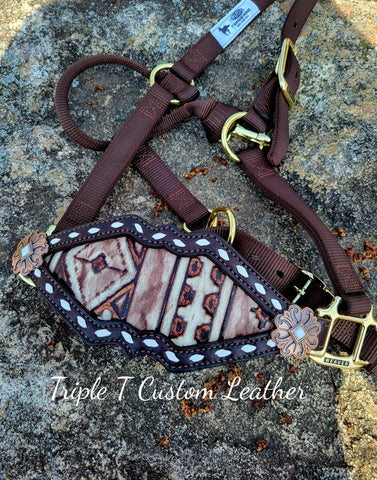 Ivory/Chocolate Navajo Inlay & White Buckstitch Noseband on Brown Nylon Halter