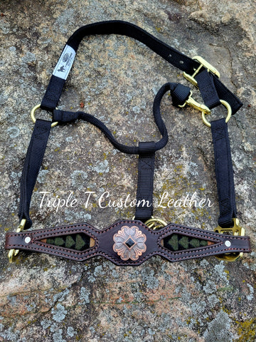 Wool Inlay Slim Noseband with Concho on Black Halter