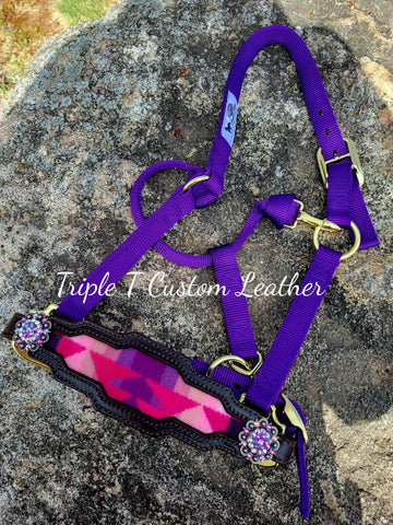 Wool Inlay Noseband with Bling Conchos on Purple Halter