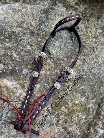 Chocolate Leather Headstall with Copper Metallic Buckstitch