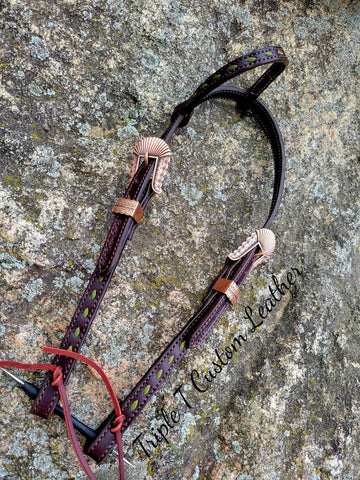 Chocolate Leather Headstall with Olive Green Buckstitch