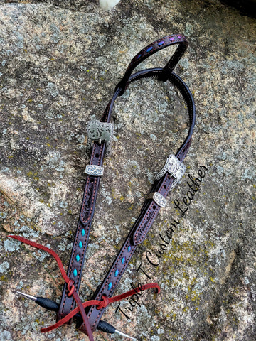 Chocolate Leather Headstall with Purple & Teal Color Shifting Lace
