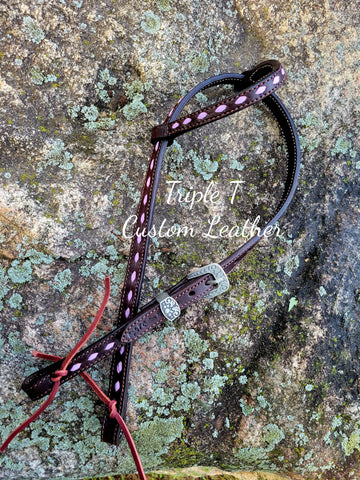 Chocolate Leather Headstall with Lilac Buckstitch