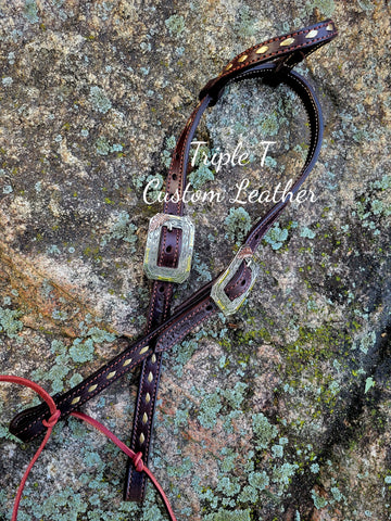 Chocolate Leather Headstall with Gold Buckstitch