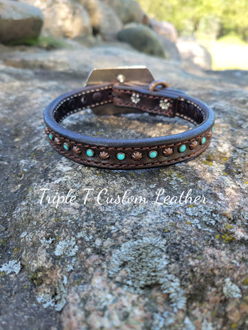 Chocolate Leather Dog Collar with Turquoise Stones and Copper Studs 11"-15"