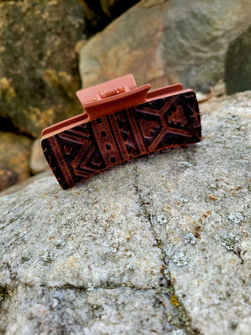 Brown Aztec Leather on Maroon Hair Claw Clip