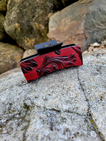 Red Valentina Leather on Black Hair Claw Clip