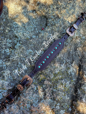 Chocolate Leather Wither Strap with Turquoise Stones & Copper Hardware