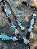 Turquoise Aztec Inlay Tack Set with White Buckstitch on Chocolate Leather