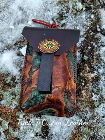 Brown with Teal Feathers Print Leather Saddle Pouch