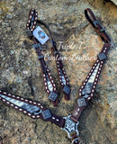 Chocolate Leather Tack Set with Grey & White Wool Inlay & White Buckstitch