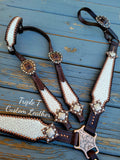 Whit & Beige Leopard Print Tack Set with Bling on Chocolate Leather