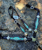 Turquoise Aztec Inlay Tack Set with White Buckstitch on Chocolate Leather