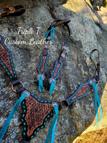 Handtooled Diamond Pattern Tack Set with Antique Finish, Turquoise Buckstitch and Tassles
