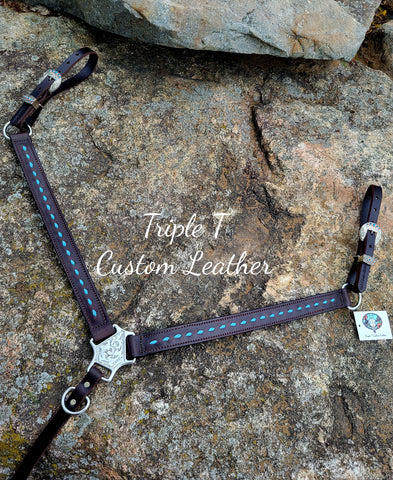 Chocolate Leather Breastcollar with Sky Blue Buckstitch
