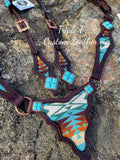 Chocolate Leather Gladiator Tack Set with Turquoise & Earth Tones Wool Inlay & Turquoise Stone Conchos