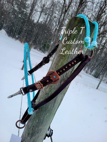 Turquoise Rope Game Changer Headsetter with Chocolate Leather and Antique Copper Hardware