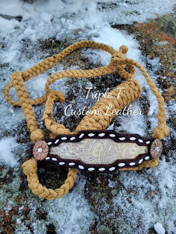 Taupe Paisley Print Inlay Bronc Noseband with Buckstitch on Tan Muletape Halter
